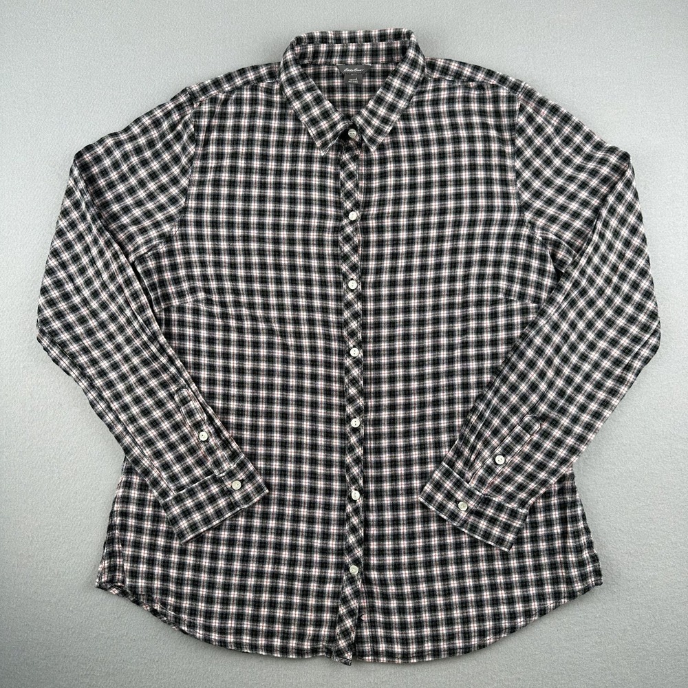 Eddie Bauer Women's Large Green Long Sleeve Plaid Button Down Lightweight Shirt